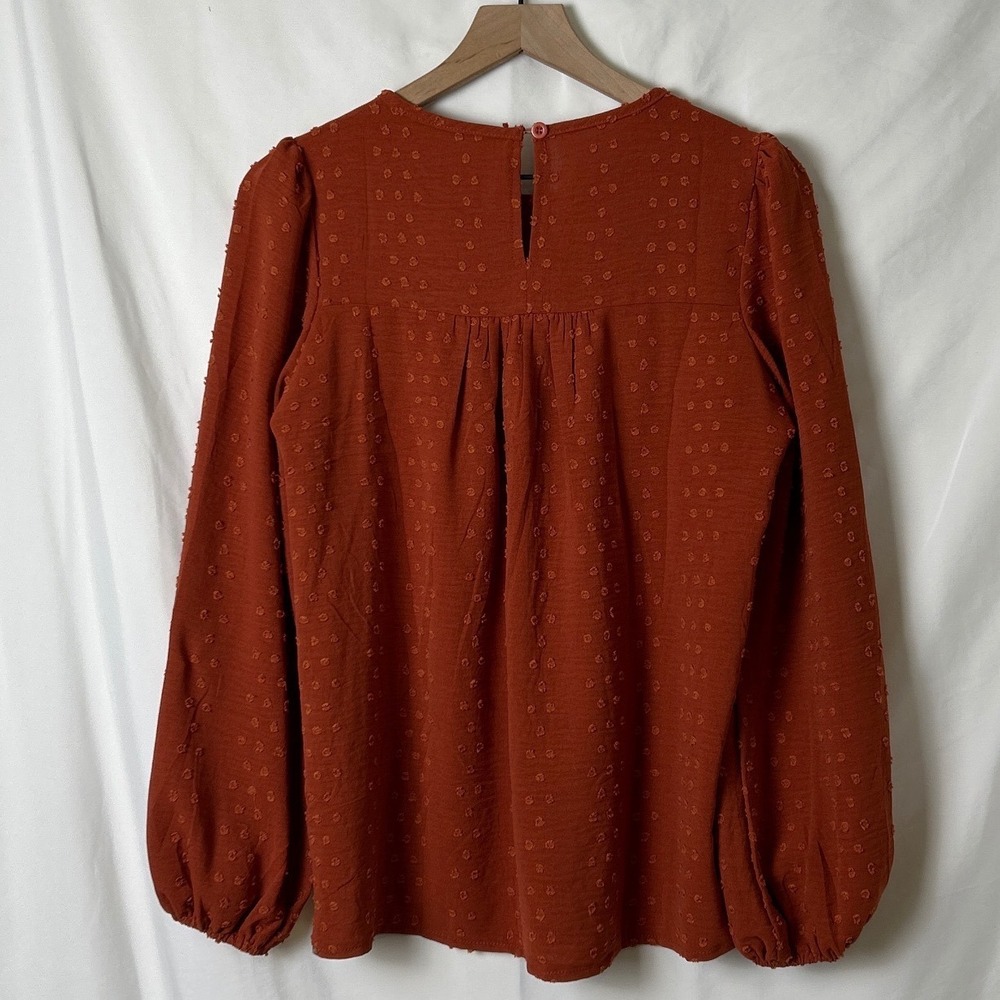 Rust Swiss Dot Lace Yoke Long-Sleeve Blouse size small - Picture 2 of 9